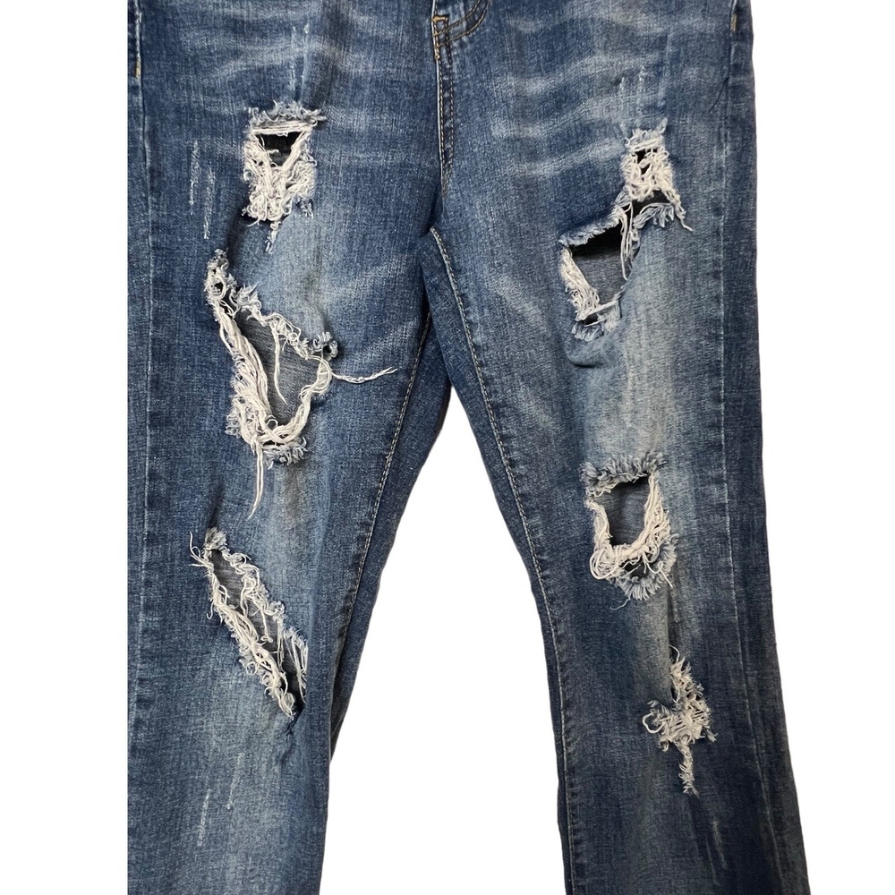 Between Us Jeans Size 3 Blue High Rise Distressed Ripped Fringe 90s Retro Boho - Picture 4 of 11